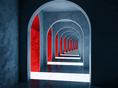 This image features a corridor with a series of arches The arches are painted in contrasting colors blue and red creating a striking visual effect The perspective creates a sense of depth pulling the viewers eye toward the vanishing point where light floods in illuminating the hallwayの素材