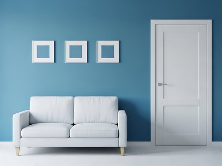 A contemporary living room setup features a white sofa positioned against a cool blue wall Three framed squares hang above the sofa adding visual interest To the right a pristine white door completes the scene The composition highlights minimalist design principles with a focus on clean lines and a soothing color palette creating an inviting atmosphereの素材