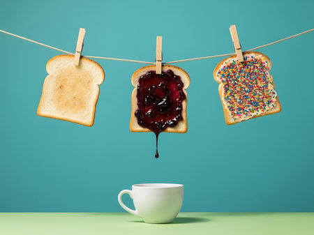 Three slices of toast hanging from a clothesline with clothespins offer a delightful breakfast visual The plain toast blueberry jam laden toast and sprinkles adorned toast are set against a serene blue backdrop A clean white mug sits below completing the charming composition which is an ideal visual for food related articles blogs and creative projectsの素材