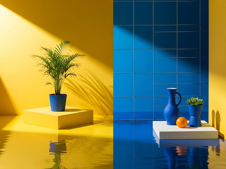 This eyecatching still life features a split composition with contrasting yellow and blue hues On the left a vibrant palm stands on a yellow cube reflecting on the glossy surface On the right a blue vase a succulent and an orange sit on a white cube reflecting on the surface with geometric tilework in the background The scene is bathed in soft diffused light creating an atmosphere of calm and tranquilityの素材