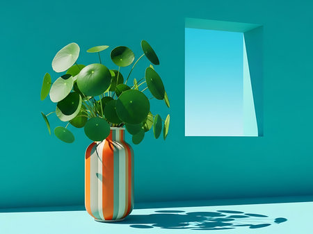 This image presents a minimalist interior scene featuring a Chinese money plant in a striped vase set against a teal wall with a window allowing natural light to enter The scene is rendered in 3D providing a clean and modern aesthetic perfect for home decor and design projects emphasizing simplicity and styleの素材
