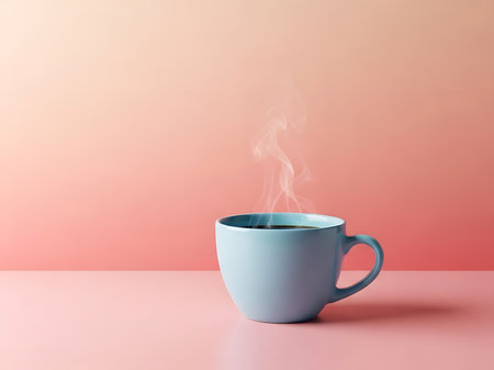 A light blue mug filled with coffee emitting steam against a soft peach and pink background creates a calming and inviting atmosphere This image is perfect for depicting a moment of relaxation a morning routine or a break time treat The clean aesthetic and ample copy space make it suitable for various advertising and promotional purposesの素材