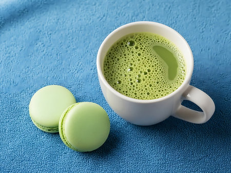 An overhead shot showcases a white ceramic mug filled with vibrant green matcha latte featuring a foamy surface with bubbles Beside the mug are two light green macarons stacked on each other The composition rests on a textured blue surface creating a harmonious color palette This image evokes feelings of relaxation refreshment and culinary delightの素材