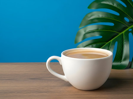 A minimalist studio shot showcasing a white coffee mug on a wooden table next to a monstera leaf The bright blue background provides a striking contrast to the coffee and plant elements creating a clean and modern look and feel ideal for depicting relaxation work breaks or a tropical vibe The coffee appears creamy and invitingの素材