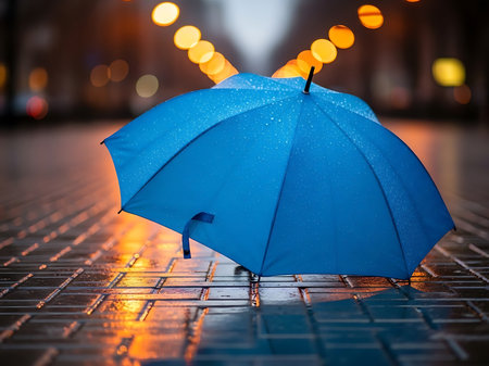 A closeup shot features a blue umbrella with raindrops resting on wet cobblestones Bokeh lights softly illuminate the background The image evokes a calm mood showing how a simple object brings comfort and protection in urban scenery with light reflecting on the wet groundの素材