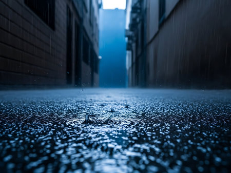 This photo captures a close up view of raindrops falling on a pavement between buildings creating ripples on the surface The image has a moody cool toned color palette The light source in the distance creates atmospheric perspective drawing the viewer in The raindrops offer a sense of calm in the urban environmentの素材