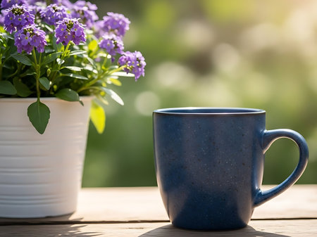 A close up shot of a blue mug next to a flower pot on a wooden table The photograph captures the essence of a tranquil morning featuring a simple yet elegant setup against a blurred greenery background The scene offers a refreshing visual of calmness and serenityの素材