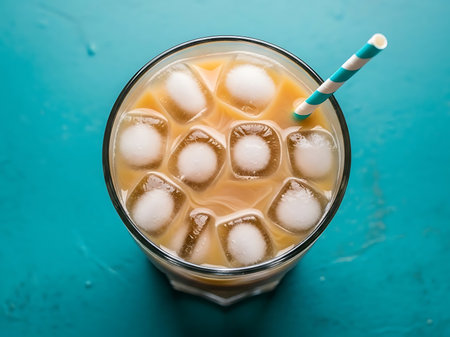 A top down view of a glass filled with iced coffee and ice cubes on a bright teal background A striped straw adds a playful touch emphasizing the drinks refreshing appeal This image is suitable for showcasing a cool and delightful summertime refreshmentの素材