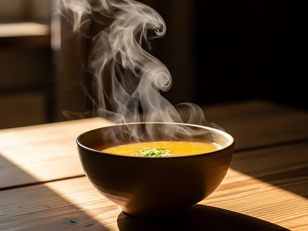 A close up shot showcases a bowl filled with steaming vegetable soup on a wooden table Light streams across the table highlighting the warmth of the dish and its comforting presentation This scene evokes feelings of wellness and homemade goodness perfectly capturing the essence of a nutritious and delightful meal ready to be enjoyedの素材