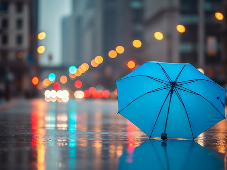An image of a blue umbrella open on a wet city street The city street reflects the colorful lights with the rain adding a dreamy and peaceful layer to the scene The bokeh lights in the background provide a colorful backdrop to the scene creating a soft urban background in shades of grey white yellow red blue and orange colors perfect for depicting weatherの素材