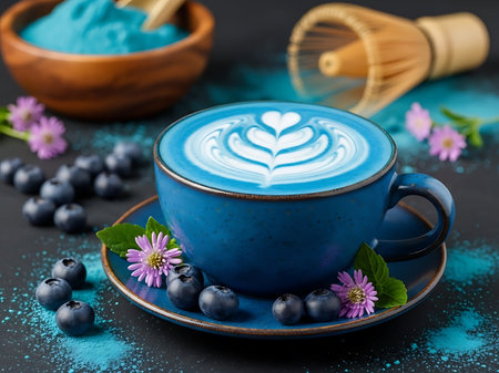 The image portrays a captivating blue matcha latte served in an elegant blue cup accompanied by fresh blueberries and delicate purple flowers The beverage boasts intricate latte art adding an artistic touch to the scene This nutritious drink offers a twist on traditional matcha presenting a palatable and visually stunning option for health conscious consumers It is also a celebration of innovative culinary arts and beverage presentationの素材