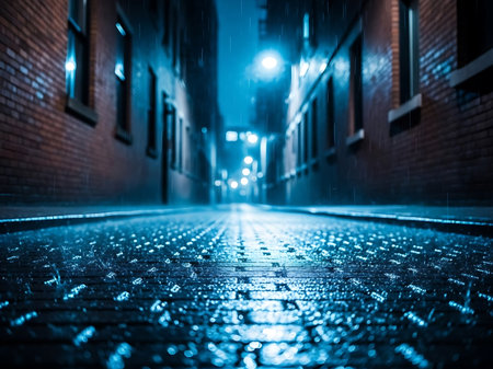 A low angle shot of a deserted city street in the rain at night shows the pavement reflecting the city lights The brick buildings on either side of the street are dark and the rain is falling heavily creating a somber and melancholy mood The bokeh effect of the city lights and the wet pavement add to the atmospheric feelの素材