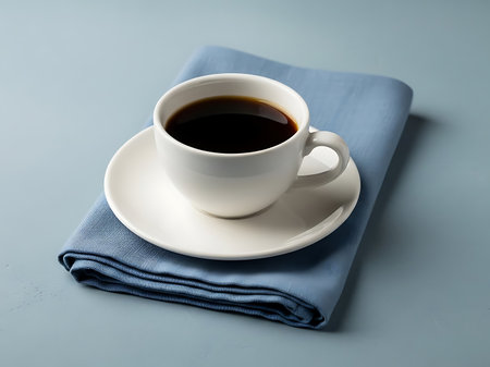 This minimalist still life photograph features a cup of black coffee on a white saucer placed on a light blue linen napkin The image evokes a sense of warmth comfort and simplicity perfect for a relaxing coffee break The neutral tones and clean lines create a sophisticated and understated presentationの素材