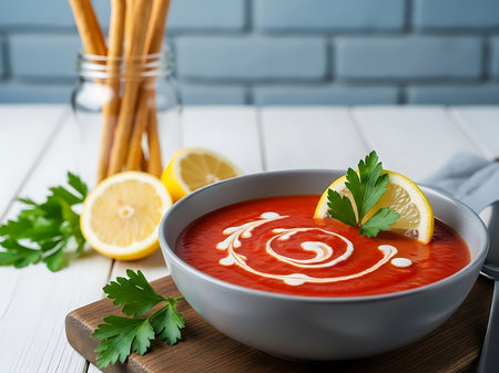 A vibrant bowl of homemade tomato soup is beautifully presented with delicate cream swirls a fresh lemon garnish and parsley Accompanied by crunchy breadsticks in a glass jar this image evokes feelings of comfort and healthy eating The wooden cutting board and white tabletop add to the rustic charmの素材