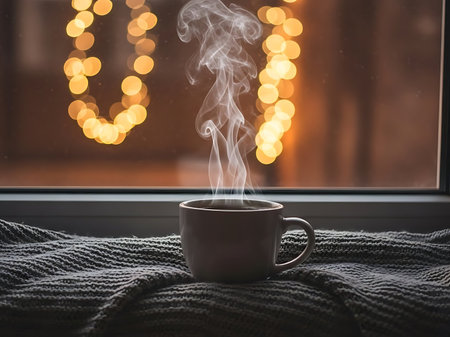 A steaming mug sits atop a soft textured blanket near a window adorned with blurred lights creating a cozy and inviting atmosphere The image evokes feelings of warmth relaxation and comfort Perfect for illustrating themes of winter hygge self care and mindfulness The soft lighting and focus on the hot beverage add to the overall sense of tranquilityの素材