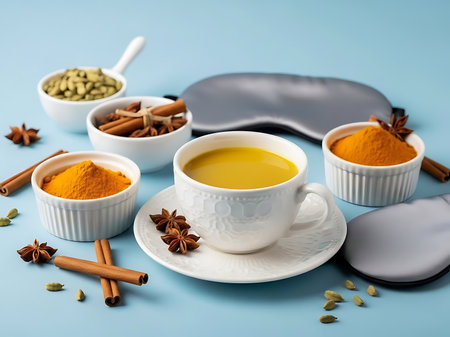 This image showcases a golden milk beverage traditionally used as a natural sleep aid surrounded by ingredients like turmeric cinnamon and anise A sleep mask is also present emphasizing the theme of relaxation and preparation for a restful night The arrangement is set on a light blue background creating a calming and serene atmosphere perfect for promoting wellness and healthy sleep habitsの素材