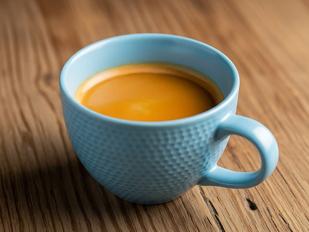 A warm beverage is cradled in a light blue textured cup set against the backdrop of a wooden table the scene exudes a sense of comfort and invitation making it suitable for themes related to relaxation hospitality or the simple pleasures of life the amber liquid invites viewers to imagine taking a moment to enjoy a comforting and delicious drink the textures of the cup and wood add visual interest and warmth to the overall sceneの素材