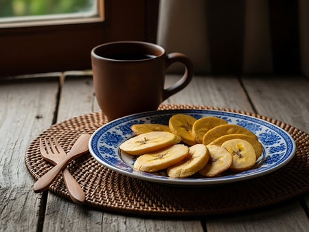 A still life shot featuring a plate of freshly made plantain chips alongside a steaming mug of coffee set on a rustic wooden table adding a touch of warmth the natural light streaming through a window in the background enhances the organic aesthetic creating an inviting scene to showcase a simple and wholesome breakfast or snackの素材