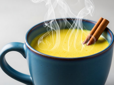 Close up of a steaming mug of golden milk latte infused with turmeric and cinnamon sticks showcasing the vibrant yellow color and comforting aroma This warm and healthy beverage is perfect for relaxation and promoting wellness offering a soothing and flavorful experience The rustic blue mug adds a touch of charm to this inviting sceneの素材