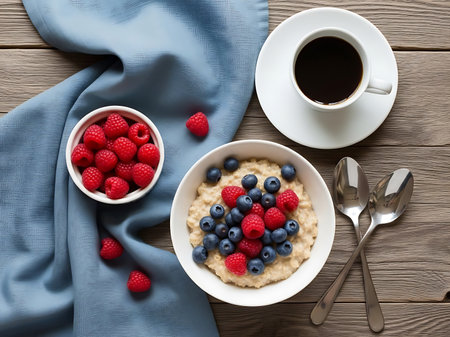 A vibrant photograph showcasing a healthy breakfast of oatmeal topped with fresh raspberries and blueberries accompanied by a cup of black coffee The wooden table provides a natural backdrop while a blue cloth adds a touch of color and elegance Two spoons are placed nearby ready to enjoy this nutritious and delicious meal This image represents a wholesome lifestyle and the importance of starting the day with a balanced and energizing breakfastの素材