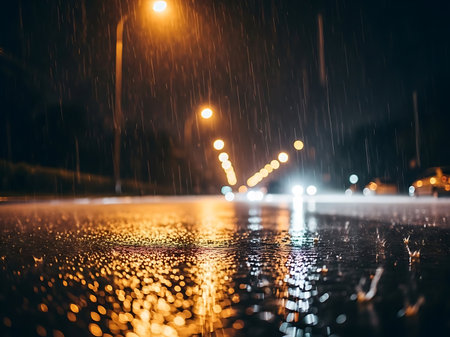 Rainy night cityscape with water droplets on the street reflecting street lights The scene captures the atmospheric conditions of a city street during a rainstorm The pavement is slick and shining The city lights create a bokeh effect which illuminates the rain The overall mood is calm and sereneの素材