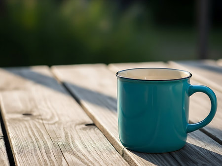 A teal blue mug sits prominently on a wooden picnic table bathed in soft natural light The blurred green foliage in the background adds depth and tranquility to the scene The scene is serene inviting relaxation and a moment of peace outdoorsの素材