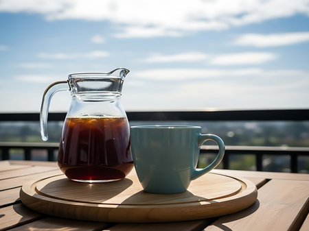 A glass pitcher filled with cold brew coffee alongside a ceramic mug sits on a wooden tray set on a weathered wood table The image is captured outdoors on a balcony with a scenic view in the background showcasing a clear sky Perfect for illustrating lifestyle and culinary themes the photo exudes freshness and relaxationの素材