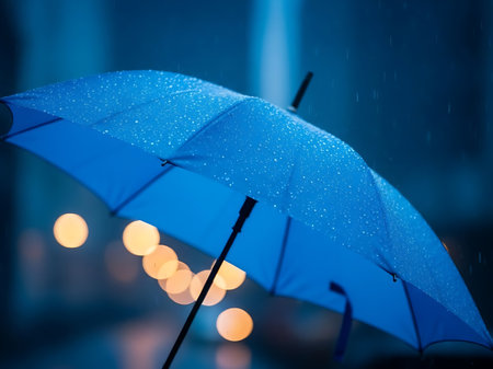 Close up of a blue umbrella in a rainy city night the fabric is dotted with water droplets catching the light in the background blurred city lights create a bokeh effect adding a warm glow to the otherwise wet and cool scene symbolizing protection city life and weather conditionsの素材