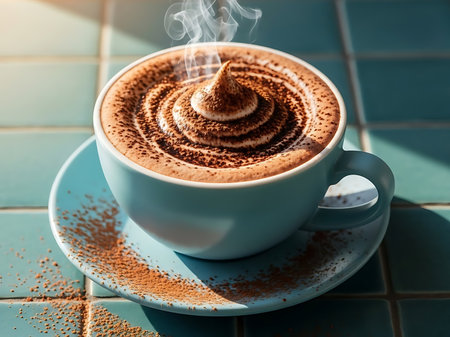 A steaming cup of hot chocolate with a beautiful swirl of cream and sprinkled cocoa powder sits on a matching teal saucer The steam rises from the cup inviting the viewer to indulge in the warm comforting drink The tiled background adds a touch of texture to this cozy and visually appealing imageの素材