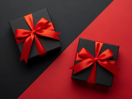 Two square black gift boxes each tied with a bright red ribbon are positioned against a diagonally divided background of solid black and solid red The contrast in colors emphasizes the gifts making them stand out This image evokes themes of holidays birthdays or special occasionsの素材
