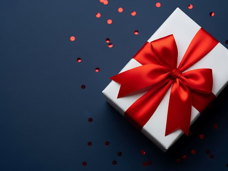 A beautifully wrapped white gift box adorned with a vibrant red satin ribbon sits on a deep blue background scattered with red confetti The composition evokes feelings of celebration and anticipation perfect for conveying a sense of excitement and joyの素材