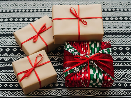 An eyelevel shot showcases four wrapped gifts with red ribbons on a patterned background The gifts are wrapped in both plain brown paper and vibrant fabric The image conveys a sense of celebration and thoughtfulness Ideal for festive occasionsの素材