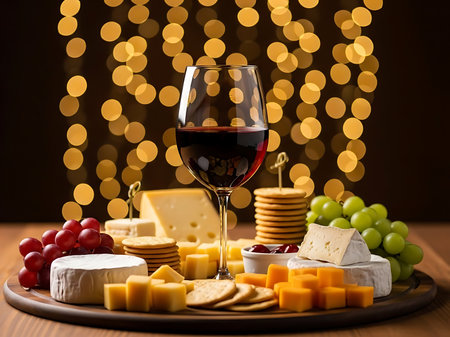This image showcases a sophisticated wine and cheese board arrangement featuring various cheese types crackers and grapes alongside a glass of red wine The composition is set against a bokeh light background creating a warm and inviting atmosphere perfect for holiday celebrations or gourmet food presentations It emphasizes quality and indulgenceの素材