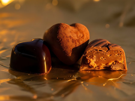 A closeup view of three heart shaped chocolate truffles resting on a reflective golden surface The chocolates consist of a dark chocolate truffle a cocoa dusted truffle and a sliced truffle revealing a caramel filling The setting evokes a feeling of luxury and indulgenceの素材