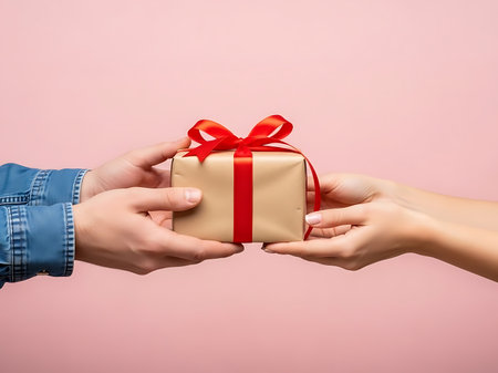 This image features a man and a woman exchanging a gift The present is beautifully wrapped in neutral paper tied with a vibrant red ribbon They are on a pink backdrop that emphasizes the act of giving and receiving Their hands reach out in a gesture of love and affectionの素材
