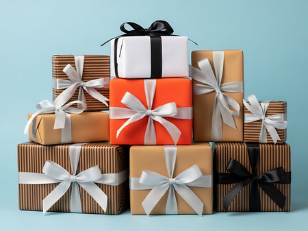 A collection of neatly stacked gift boxes presents a visually appealing display of generosity and thoughtfulness The boxes are wrapped in assorted colors and adorned with elegant ribbons The arrangement suggests a special occasion such as a birthday Christmas or anniversary conveying the joy of giving and receiving giftsの素材