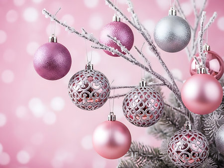 Close up shot of various pink and silver Christmas ornaments suspended from a frosted branch against a bokeh background in a winter themed composition with a soft and delicate aesthetic Ideal for holiday cards seasonal promotions and festive decorations conveying warmth and joyの素材