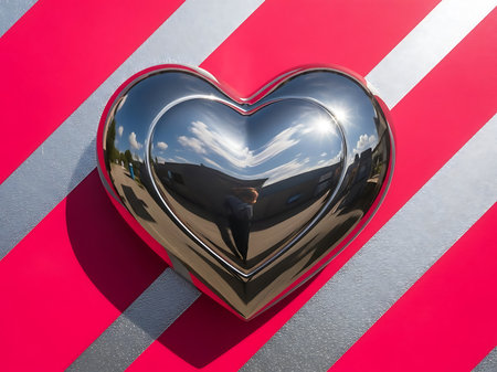 Close up of a reflective heart shape in silver set against a background of alternating red and silver stripes The heart reflects the sky clouds and buildingsの素材