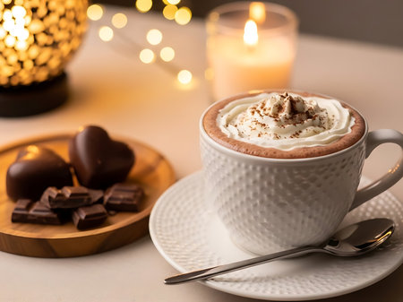 A tempting cup of hot chocolate topped with whipped cream and chocolate sprinkles is presented alongside heart shaped chocolates creating a cozy and romantic mood perfect for a winter evening or Valentines Day celebrationの素材