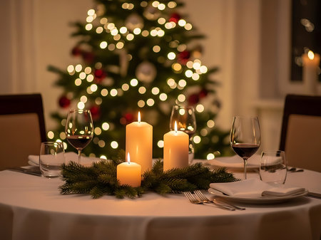 Festive Christmas dinner setting with candles greenery and wine glasses creating a warm and inviting atmosphere for a holiday celebration focusing on the details of the decorated table and the background Christmas treeの素材