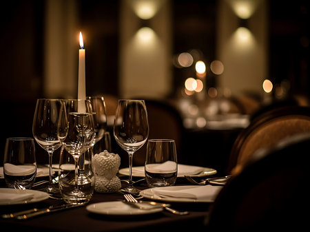 A beautifully set dining table with elegant glassware white linens and a flickering candle creating a warm and romantic atmosphere for a special dinner occasionの素材