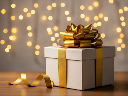 A beautifully wrapped gift box with a golden ribbon and bow sits on a wooden surface Bokeh lights provide a soft and warm backdrop adding to the festive atmosphereの素材