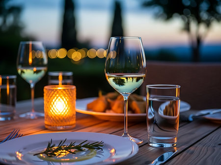 A beautifully arranged outdoor dinner table setting with wine glasses plates and a glowing candle creating a warm and inviting atmosphere for a romantic evening or special occasion The soft focus adds to the dreamy ambianceの素材