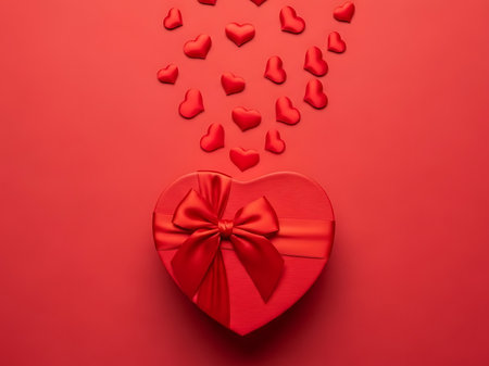 Heart shaped gift box with a satin ribbon on a red surface surrounded by smaller heart decorations It represents love Valentines Day anniversaries and other romantic occasionsの素材