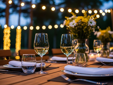 A beautifully arranged outdoor dining table with wine glasses plates napkins cutlery and a floral centerpiece set beneath a string of lights creating an inviting and elegant atmosphere for a special event or gatheringの素材