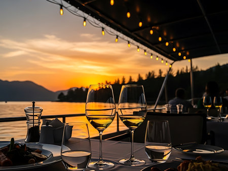 Elegant dinner setting on a boat with wine glasses and gourmet dishes against a beautiful sunset backdrop The atmosphere is inviting perfect for a special occasionの素材