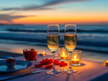 Two glasses of champagne sit on a table with rose petals and candles at sunset on a beach creating a romantic setting The ocean and colorful sky are visible in the backgroundの素材