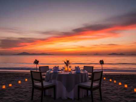 A romantic dining setup on a sandy beach illuminated by lanterns at sunset The table is set for a special occasion with ocean views enhancing the romantic moodの素材