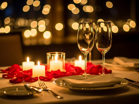 A beautifully arranged dinner table for two illuminated by candles and decorated with red rose petals Features wine glasses plates cutlery and napkins set on a tablecloth under warm blurred lightsの素材