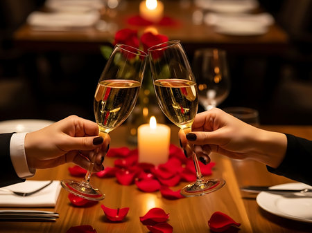 Romantic dinner scene with champagne glasses being toasted amidst rose petals and candlelight Perfect for Valentines Day anniversaries or proposals An intimate and elegant celebration of love and togethernessの素材